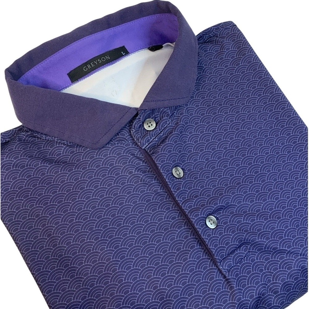 Greyson Golf Polo Men's L Performance Activewear Purple Scallop Geometric